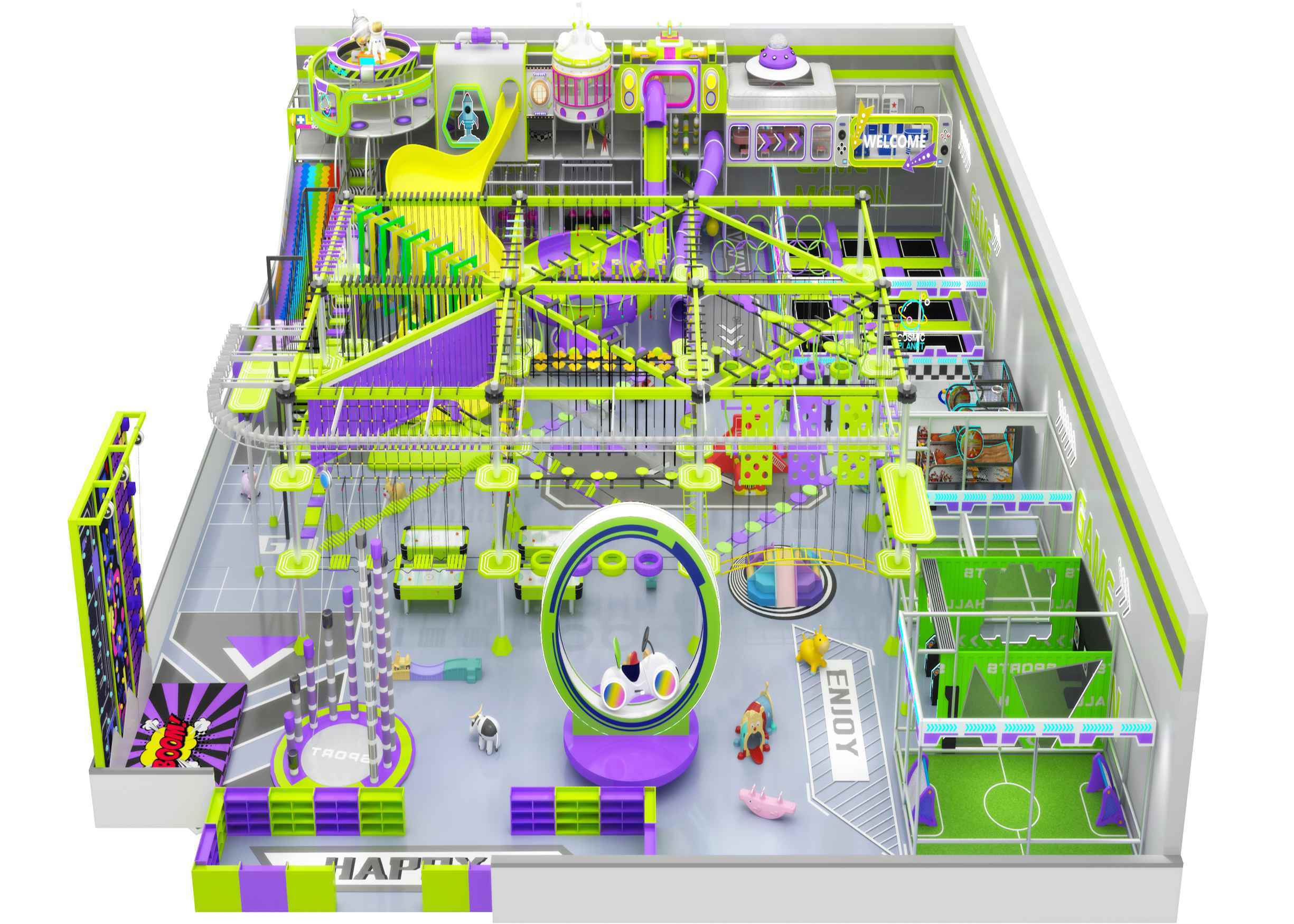 Cream Yellow, White & Mint Green Sports Themed Indoor Soft Play & Trampoline Park | Commercial Mall FEC Playground