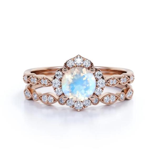 New Style 925 Sterling Silver Blue Moonstone Engagement Rings Round Moonstone Wedding Ring Set