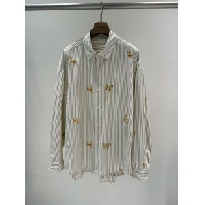 100% pure cotton breathable and moisture absorbing vertical stripe shirt with cute cartoon embroidery casual loose and fashionable women's top