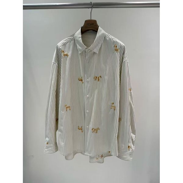 100% pure cotton breathable and moisture absorbing vertical stripe shirt with cute cartoon embroidery casual loose and fashionable women's top