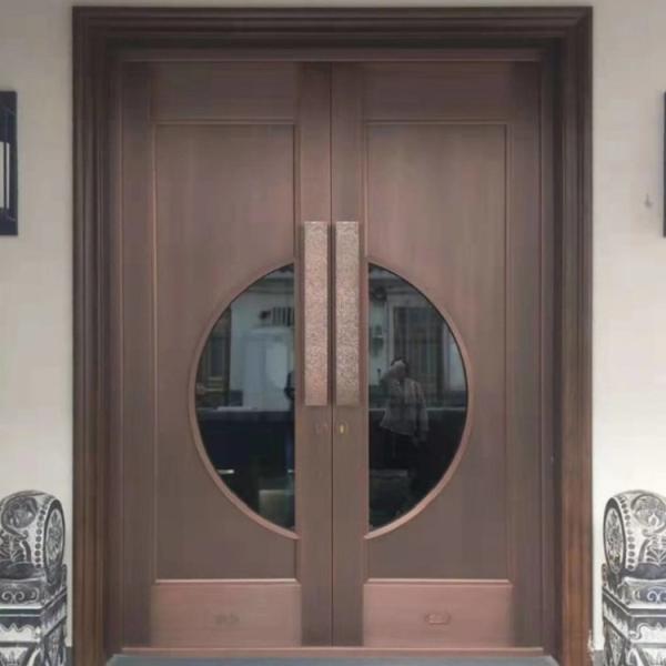 Bronze Framed Decorative Entry Door Tempered Glass Front Entrance Double Doors