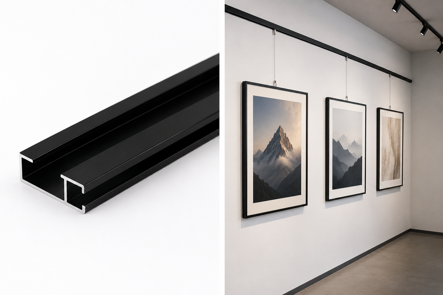Custom 6063 Aluminum Extrusion Black Anodized Rail Profile for Picture Hanging and Wall Decoration