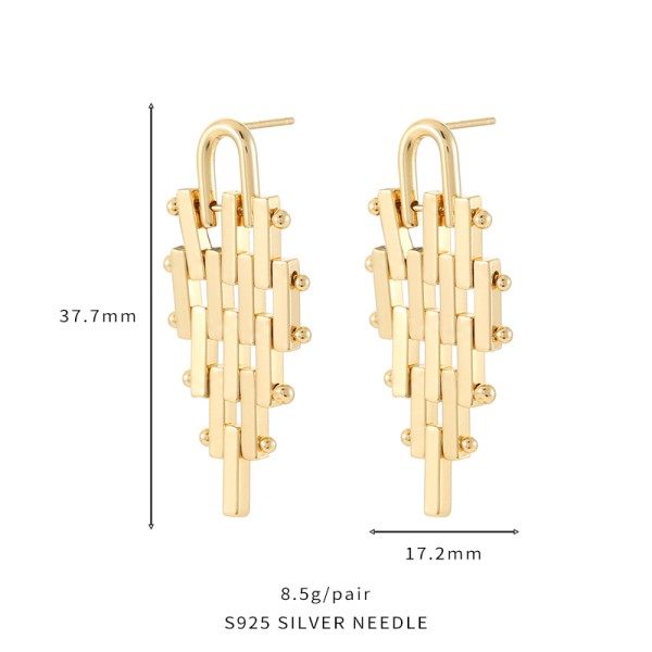 Trendy Stud Earring 14K Gold Plated Geometric Trapezoidal Cuban Link Chain Design Big 925 Silver Earrings for Women Girls