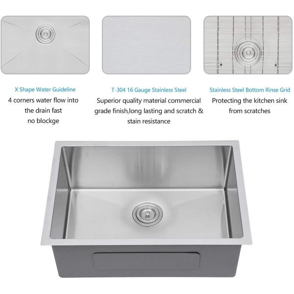 26 Inch 16 Gauge Deep Undermount Stainless Steel Kitchen Sink Basin