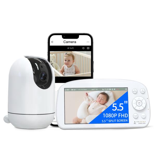 5.5 pulgadas 1080P Monitoreo de bebés de conversación bidireccional con canciones de cuna relajantes Monitoreo de temperatura