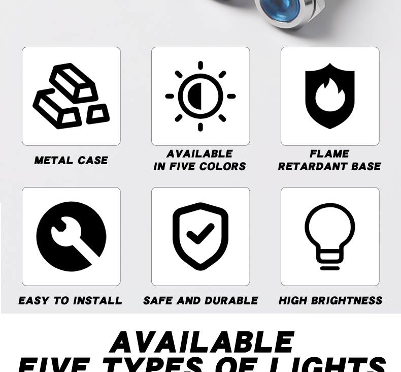 8mm Metal Power LED Indicator Lights IP65 IK08 Compatible with 3V 6V 12V 24V 110V 220V Durable and Versatile