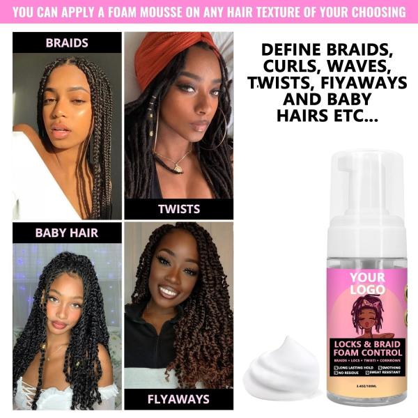 Mousse de fixação de cabelo personalizado para controlar tranças e definir tranças em mulheres negras