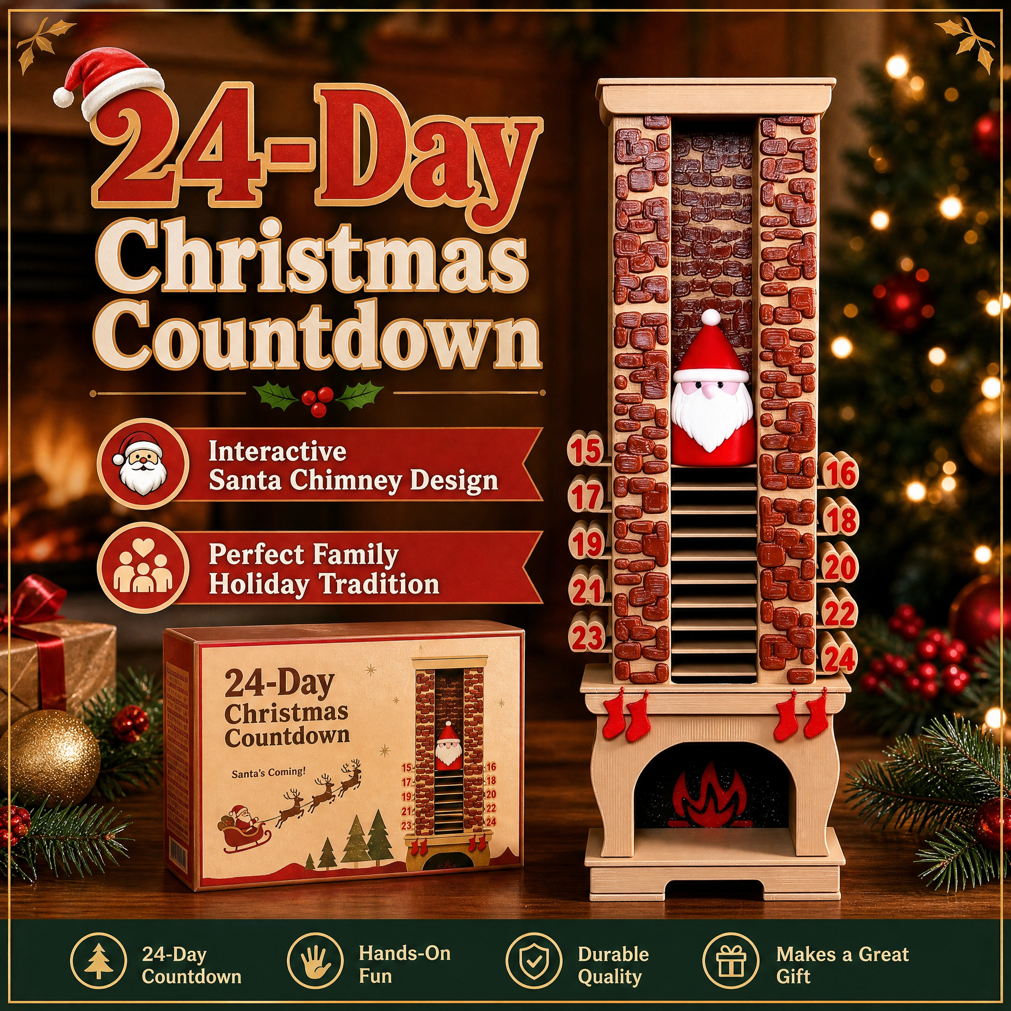 Custom 3D Printing Christmas Advent Calendar, Fireplace Design, For Family Holiday Countdown