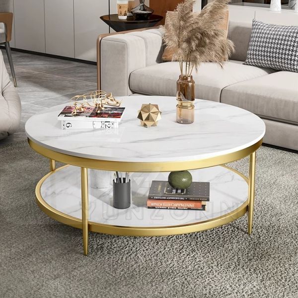 Modern Luxury Round Coffee Table With Double Tempered Glass Metal Center Table for Home Hotel Villa Dining Living Room Use