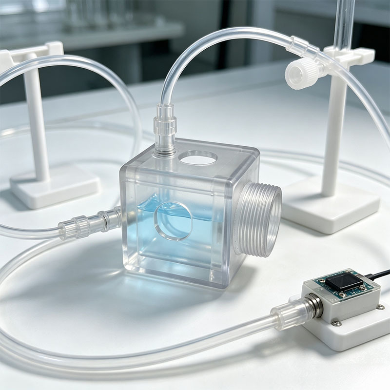 Custom CNC Machined Clear Acrylic Square Housing with Precision Milled Threads and High-Transparency for Flow Sensor Applications