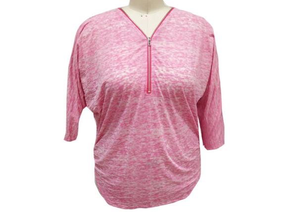 1/2 Length Batwing Sleeves Ladies Casual T Shirt Half Zipper V Neck Snow Mélange Fabric