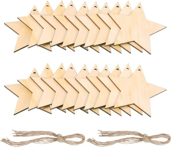 Unfinished Wooden Star Cutouts Hanging Ornaments with Strings for Christmas Wedding DIY Craft Festival Decoration