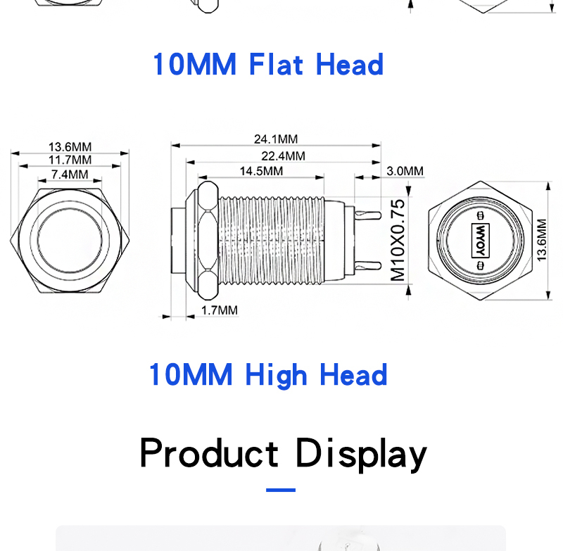 10MM Metal Push Button Switch Self-Resetting Latching Normally Open Miniature Illuminated Switch 2Pin High Head