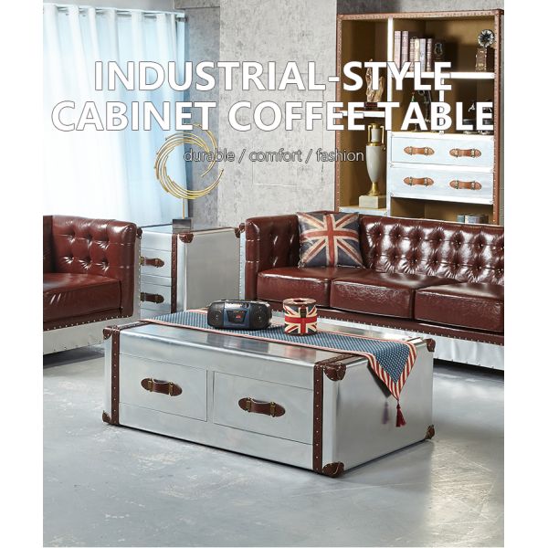 Nidea #8515 Industrial-Style Aluminum Panel Riveted Metal Retro Handmade Durable Side Corner Table 2-Drawer Living Room Coffee