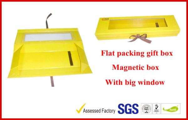 Foldable Yellow Customized Gift Packaging Boxes With Big Window , Magnetic Flat Packing Gift Box