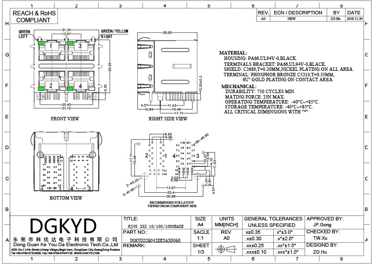 гнездо интегрированное гигабитом фильтра Rj45 6U 2X2 Multi гаван модульное DGKYD22Q042DE3A5D068