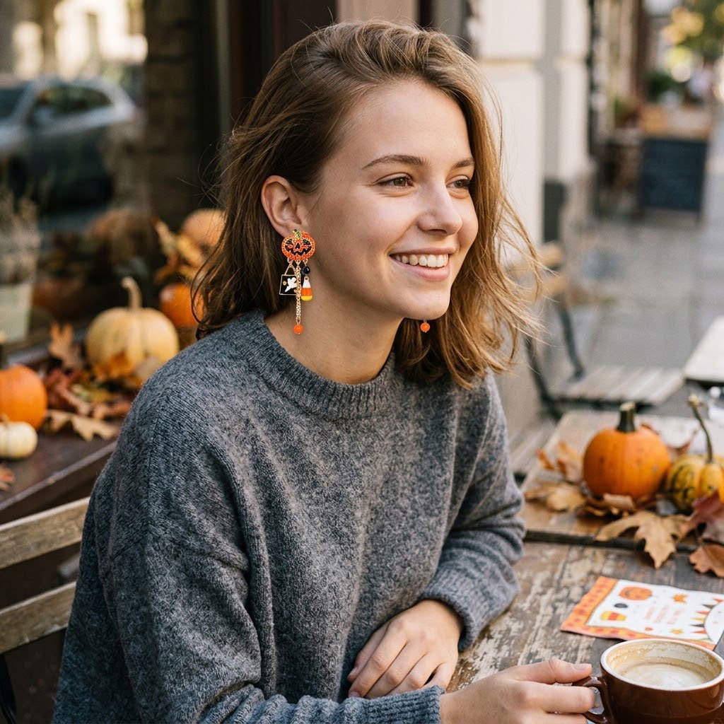 Halloween Pumpkin Dangle Earrings with Rhinestones, Ghost Charm & Candy Corn Drop | Spooky Holiday Fashion Jewelry