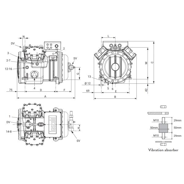 S10-52Y Полугерметические компрессоры Рефрижерационный компрессор R134a 380~420V-3-50Hz 440~480V-3-60Hz