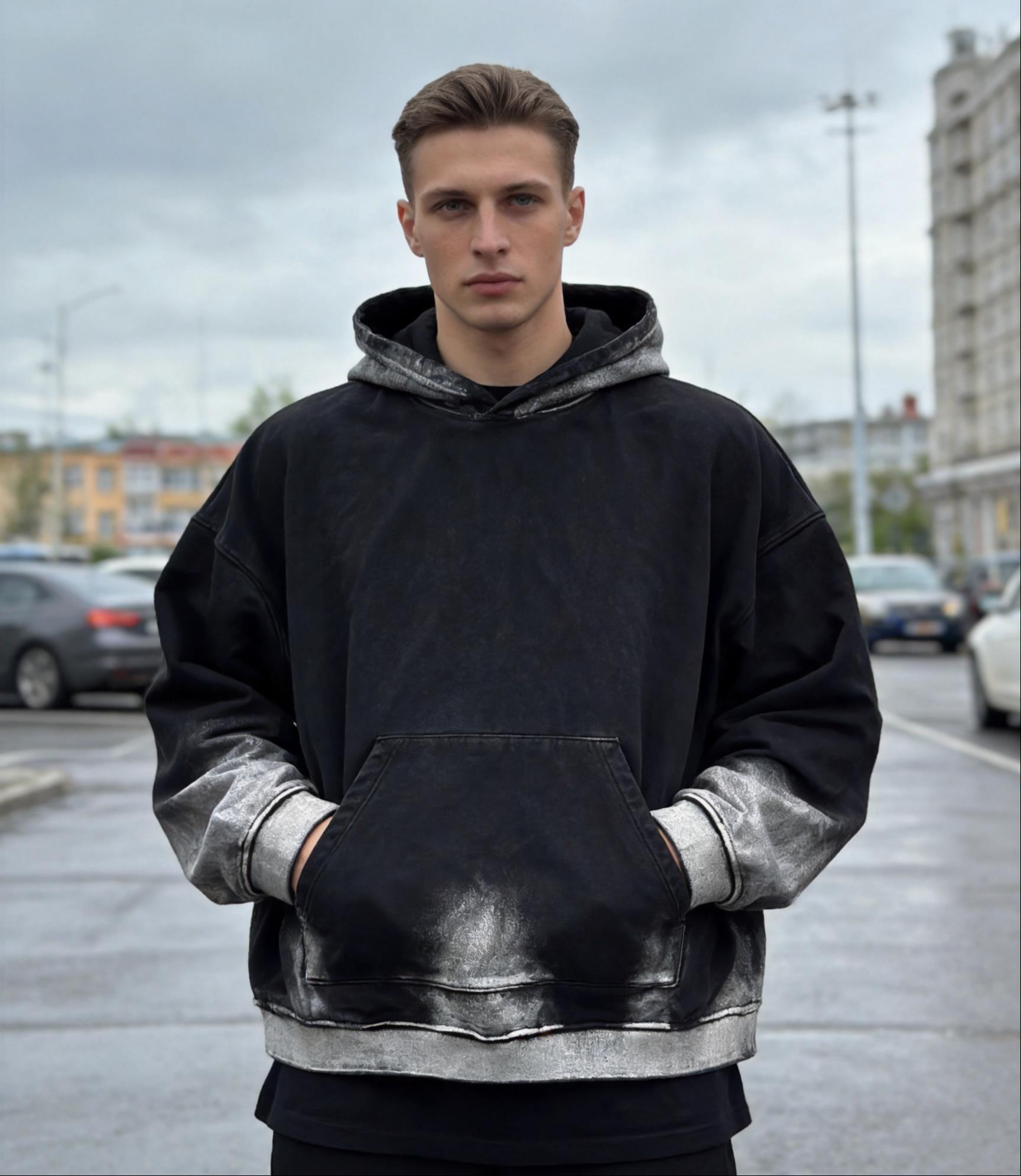 A528 Vintage Gradient Washed Hoodie Men Oversized Spray Fade Pullover Streetwear Hooded Sweatshirt