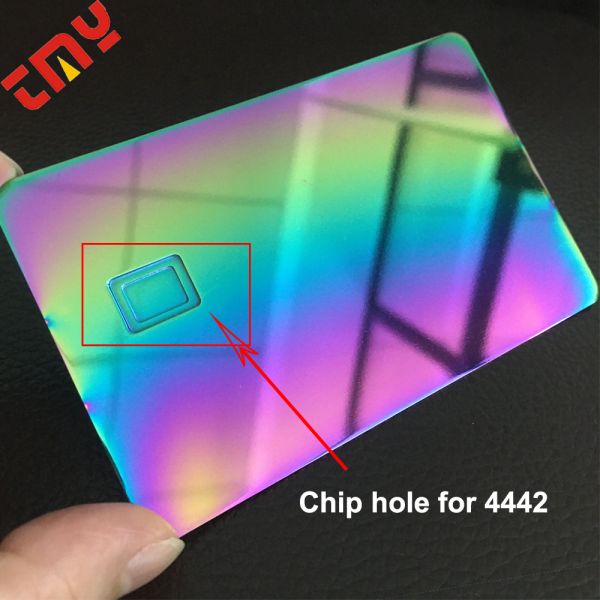 Custom Stainless Steel Blank Metal Credit Card Rainbow With EMV Chip Slot Chameleon Chrome Laser Engraved
