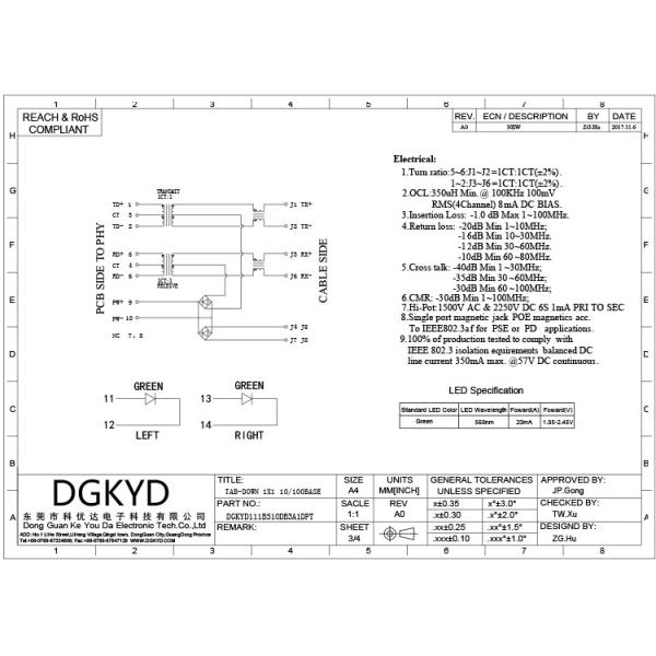 Соединитель RJ45 DGKYD111B510DB3A1DPT одиночный гаван горизонтальный интегрировал штифт POE фильтра трансформатора вниз
