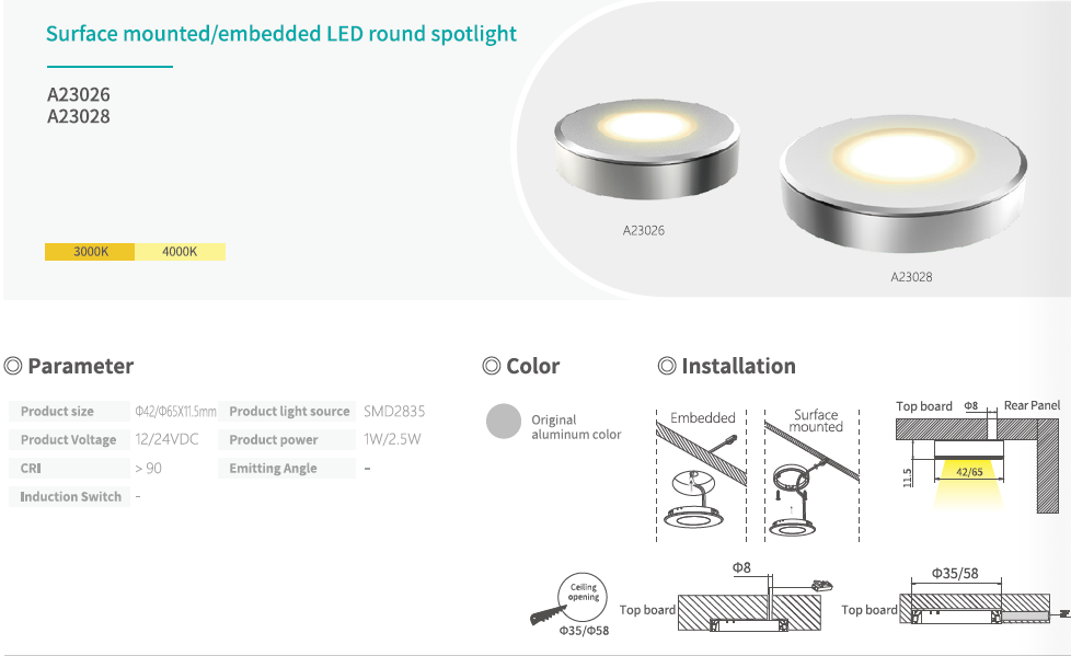 Letaron Recessed Surface Mounted Round LED Spotlight CRI90 Ultra Slim 12V 24V
