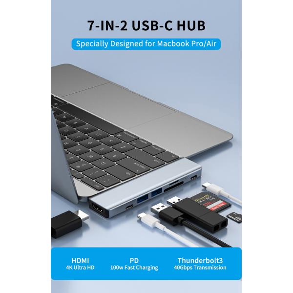 640MB/S 7 In 1 USB C Hub Thunderbolt 3 To Hdmi 4k 60hz TF SD Card Reader