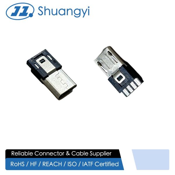 Micro-USB Male Molding Cable-End Connector | 5-Pin to 4-Pin Cut Wire | Gold