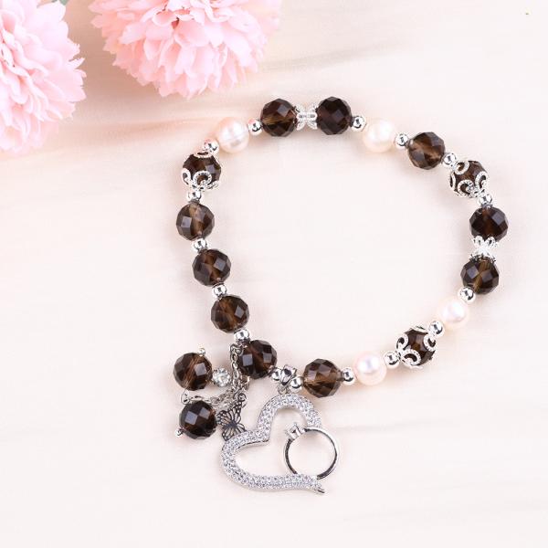 Natural Smoky Quartz And White Pearl Reiki Healing Elastic Heart Charm Stretch Bracelet