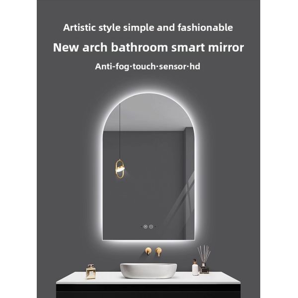 French Arch Smart Bathroom Mirror LED Light Anti-Fog Modern Nordic Style Wall-Mounted Vanity Mirror Touch Switch Irregular Shape