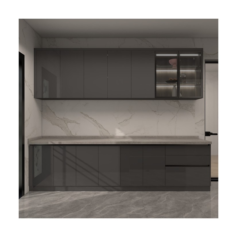 Effortlessly Stylish YALIG Gray Glossy Kitchen Cabinet with Lacquer Finish