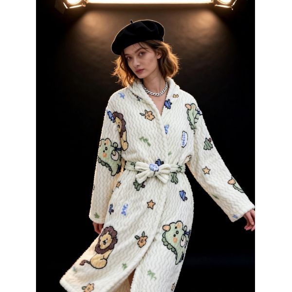 Women's Cute Lion Print Hooded Waffle Fleece Bathrobe