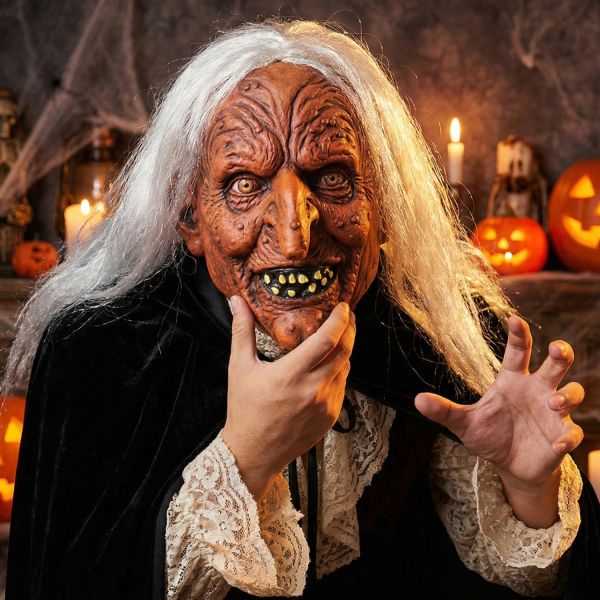 Terrifying Witch Mask - Long Grey Hair & Wrinkled Skin for Halloween Cosplay