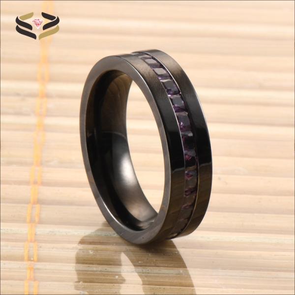 Bagues de mariage en titane avec incrustation de pierre CZ violette, bords plats plaqués noir pour hommes, 6MM