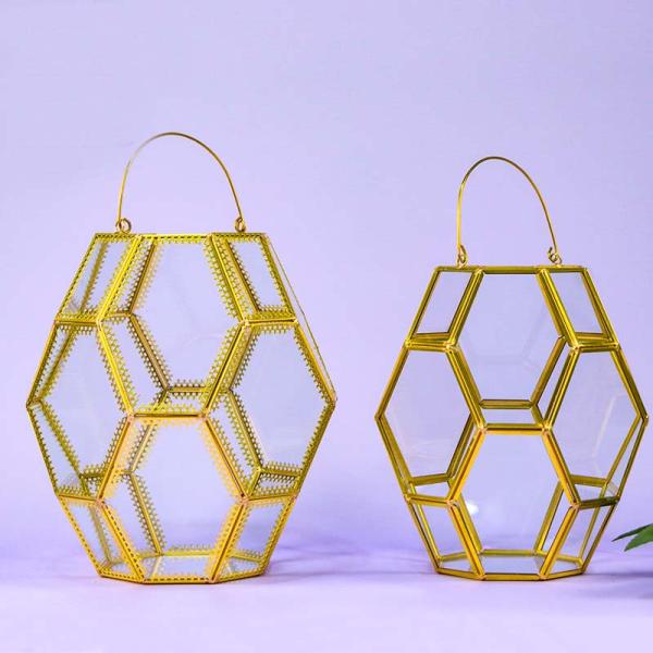 Retro polygon glass artifact wind lamp courtyard household candle holder Nordic romantic wedding club decoration