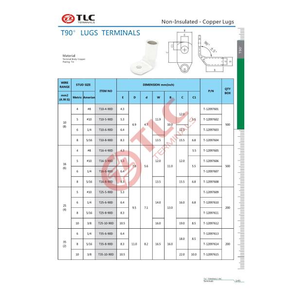 90 Degree Copper Wire Inlet Cable Lug 1000-10pcs Tin Plated