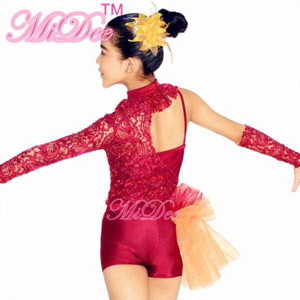 Asymmetrical Jazz Dress Costumes One Sleeve Sequin Lace Dance Leotards Spandex Short With Side Suttles