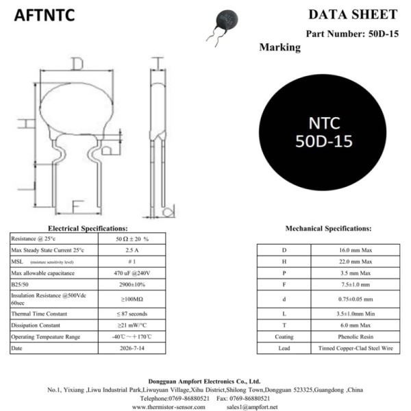 Power NTC Thermistor MF72 50D-15 MF71 80D-15 For Power Supply