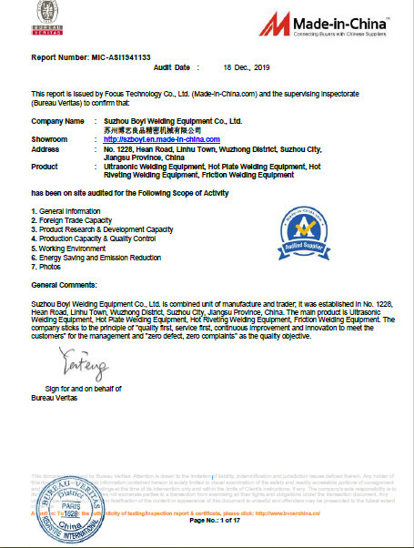 Suzhou Boyi Welding Equipment Co., Ltd. Сертификации
