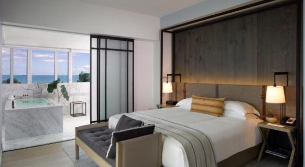 Nha Trang resort holiday hotel new design for interior furniture walnut wood headboard bed with fabric chaise lounge
