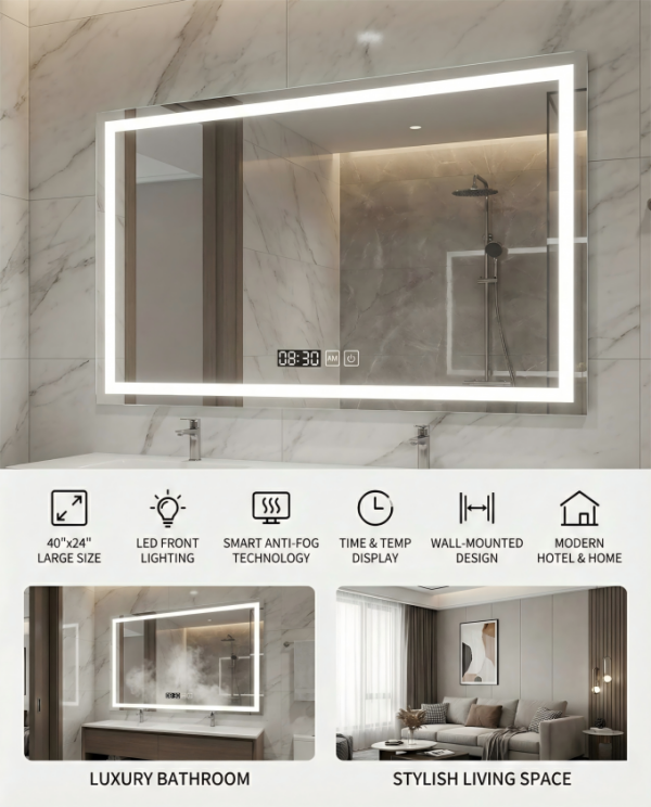 Modern LED Smart Bathroom Mirror - Anti-fog Function and Time Display, Suitable for Hotels/Bathrooms