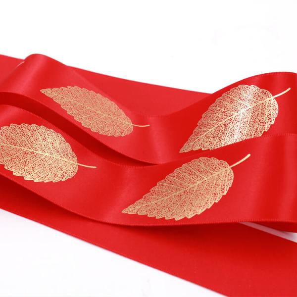 Various Color Silk Satin Ribbon Golden Leaf Printing With OEM Services