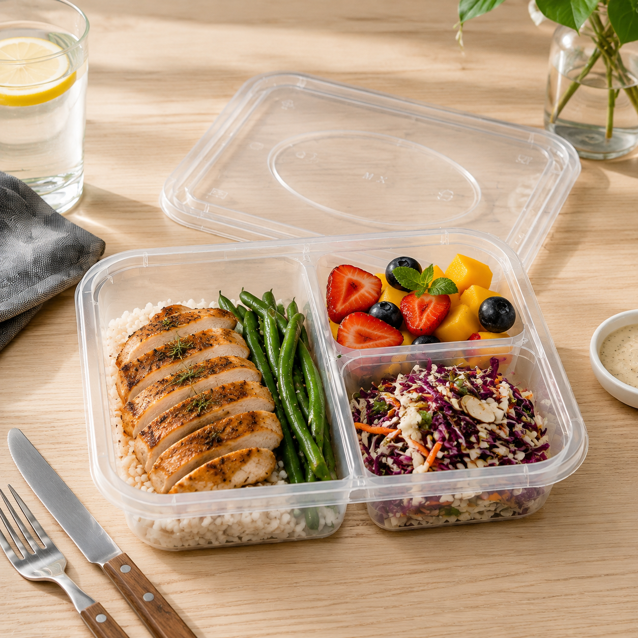 Three Section Shallow PP Compartment Food Containers for Takeaway Meal Trays