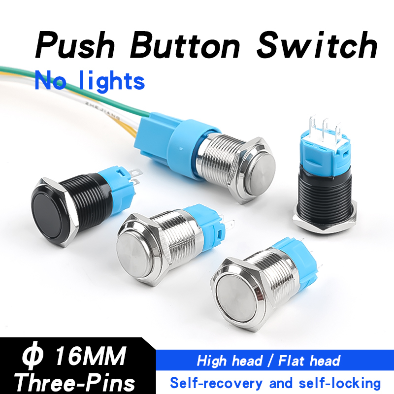 16mm Metal Push Button Switch with Silver and Black Casing Self Locking and Self Resetting Without Light High Head Flat Head
