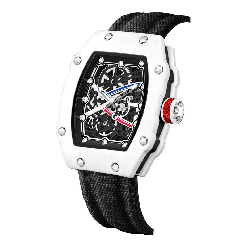 Men's Tonneau Skeleton Quartz Watch – Luminous Openwork Dial Silicone Strap