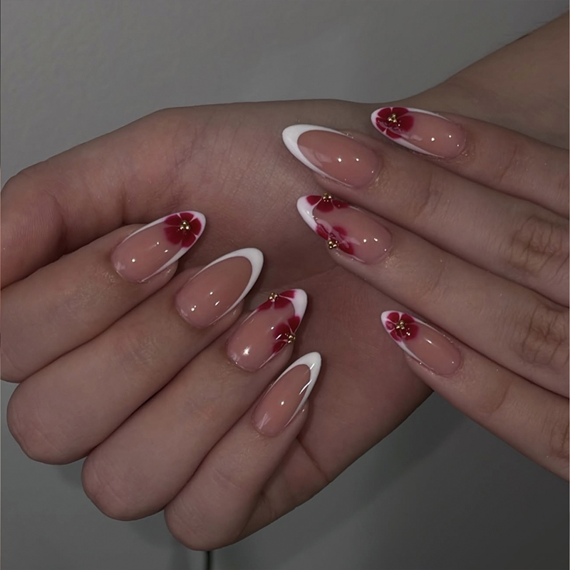 Medium Almond Flower Design French Tip False Nails Wholesale