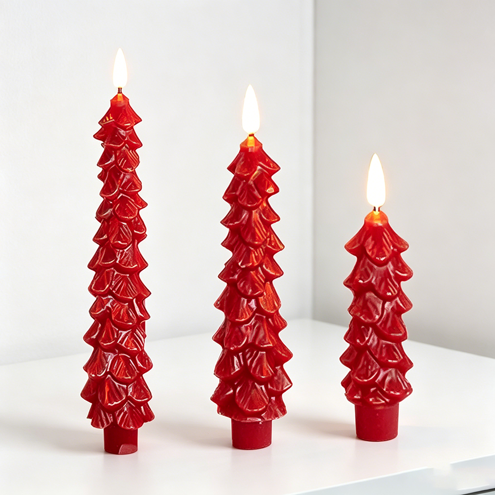 Red Christmas Tree LED Taper Candles with Realistic Flickering Flame and Remote