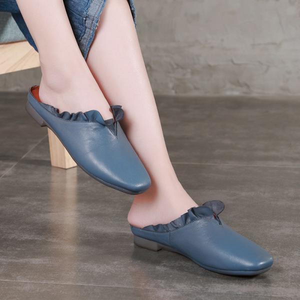 S478 Summer New Leather Women'S Shoes Lotus Leaf Lace Lazy Flat With Apricot Light Mouth Solid Color Single Shoes