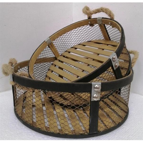 12.8 Inch Bamboo And Metal Food Storage Basket With Rope Handle Tray