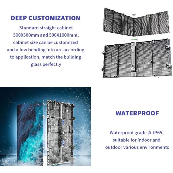 HD LED Transparent Display with 5600 Nits Brightness 500x1000mm Cabinet Size and IP65 Waterproof Rating